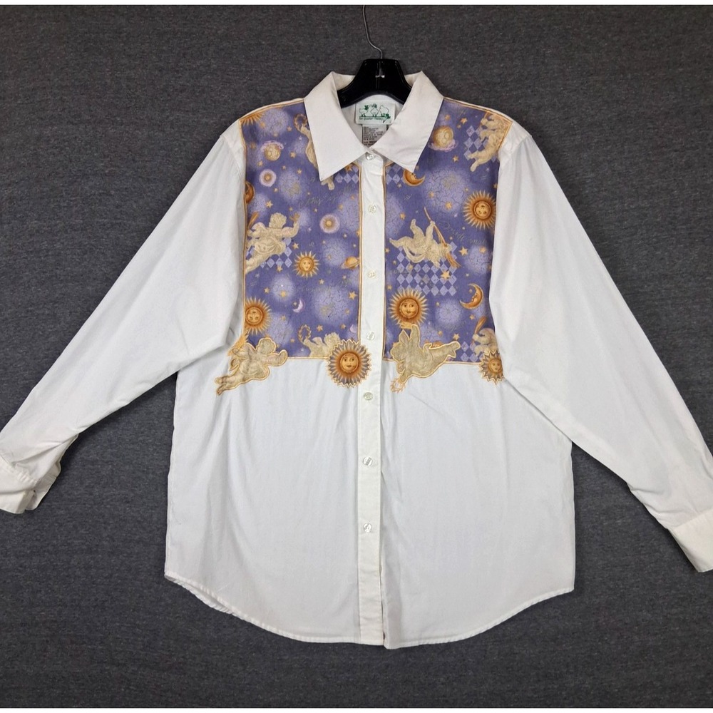 Quacker Factory Womens Shirt M White Angel Celestial Graphic Button Art To Wear